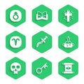 Set Dagger, Old key, Ancient magic scroll, Poison in bottle, Skull, Aries zodiac, Christian cross and Mars icon. Vector