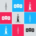 Set Dagger, Playing cards and Burning candle in candlestick icon. Vector Royalty Free Stock Photo