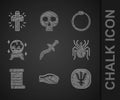 Set Dagger, Snake, Neptune planet, Spider, Decree, parchment, scroll, Magic ball, Ouroboros and Christian cross icon