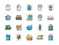 Set of Dairy Products Flat Color Icons. Milk, Cream, Kefir, Yogurt, Milkshake.