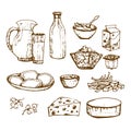 Set of dairy products hand drawn, sketches foods.