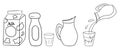 Set of dairy products in outline isolated on white. Simple vector illustration in cartoon doodle style. Carton packet of milk, Royalty Free Stock Photo