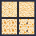 A set of Dairy products patterns. Hand-drawn doodle backgrounds with Cheese, Maasdam, Gouda, Milk. A bundle of vector