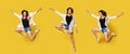 Set of Dancer Women Jumping in Air over Yellow. Happy Smiling Positive Woman Dancing Hip Hop in White Shirt Royalty Free Stock Photo