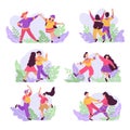 Set of dancing couple. Male and female characters. Funny people dance and jump.