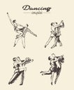 Set dancing couples, hand drawn vector sketch Royalty Free Stock Photo