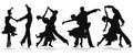 Set of dancing couples, silhouettes. Man and woman dancing tango or waltz. White and black design. Illustration vector