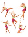 Set of dancing girl poses. Female character in different choreographic positions in sportswear. Hand drawn illustration