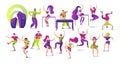 Set of dancing people isolated on white vector illustrations. Young people, dj and dance, dancers pose set, fun and