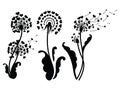 Set of dandelions with hearts. Collection of dandelion silhouettes with flying seeds. Black white vector illustration of Royalty Free Stock Photo