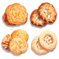 Set of danish butter cookies macro cutout. Five whole pretzel, round and rectangular shortbread biscuits with sugar isolated Royalty Free Stock Photo