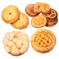 Set of danish butter cookies macro cutout. Five whole pretzel, round and rectangular shortbread biscuits with sugar isolated Royalty Free Stock Photo