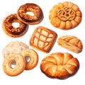 Set of danish butter cookies macro cutout. Five whole pretzel, round and rectangular shortbread biscuits with sugar isolated