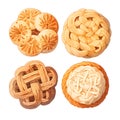 Set of danish butter cookies macro cutout. Five whole pretzel, round and rectangular shortbread biscuits with sugar isolated