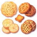 Set of danish butter cookies macro cutout. Five whole pretzel, round and rectangular shortbread biscuits with sugar isolated