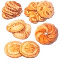 Set of danish butter cookies macro cutout. Five whole pretzel, round and rectangular shortbread biscuits with sugar isolated