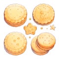 Set of danish butter cookies macro cutout. Five whole pretzel, round and rectangular shortbread biscuits with sugar isolated