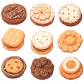 Set of danish butter cookies macro cutout. Five whole pretzel, round and rectangular shortbread biscuits with sugar isolated Royalty Free Stock Photo