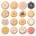 Set of danish butter cookies macro cutout. Five whole pretzel, round and rectangular shortbread biscuits with sugar isolated Royalty Free Stock Photo