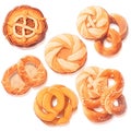 Set of danish butter cookies macro cutout. Five whole pretzel, round and rectangular shortbread biscuits with sugar isolated