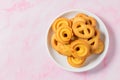 Set of danish butter cookies macro cutout. Five whole pretzel, round and rectangular shortbread biscuits with sugar Royalty Free Stock Photo