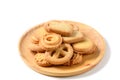 Set of danish butter cookies macro cutout. Five whole pretzel, round and rectangular shortbread biscuits with sugar Royalty Free Stock Photo