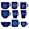 Set of dark blue cups with winter decor, simple light snowflakes on mugs with a hot drink in flat style