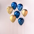 Set of dark blue and golden glossy balloons on the stick with sparkles on white background. 3D render for birthday, party, wedding Royalty Free Stock Photo