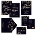 Set of Dark Blue Wedding Invitation Card with Gold Leaves Decoration. Royalty Free Stock Photo