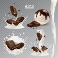 Set of of dark chocolate pieces falling into a stream of milk. Realistic vector splash of natural milk or yogurt. Flavored ice Royalty Free Stock Photo