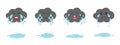 Set of dark crying clouds emoji and puddles. Fluffy rainy clouds. Cute cartoon weeping kawaii clouds collection. Royalty Free Stock Photo
