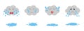 Set of dark crying clouds emoji and puddles. Fluffy rainy clouds. Cute cartoon weeping kawaii clouds collection. Royalty Free Stock Photo