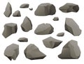 Set of dark gray stones and rocks different sizes and shapes flat vector illustration isolated on white background Royalty Free Stock Photo