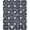 Set of dark grey weather buttons, elements of forecast, line design - icon of sun, cloud, rain, moon, snow, wind, whirlwind