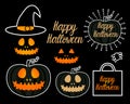 Set Dark Jack lantern pumpkin Happy Halloween jackolantern. Vector illustration isolated on black background.