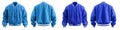 2 Set of dark light blue Oversized Baseball Bomber varsity jacket with ribbed strip hem, front back side view on transparent PNG Royalty Free Stock Photo