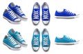 2 Set of dark light blue turquoise sneaker lace up sport-shoe sports shoe front, top and side view on transparent cutout PNG Royalty Free Stock Photo