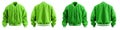 2 Set of dark light green lime Oversized Baseball varsity jacket with ribbed strip hem, front back side view on transparent PNG