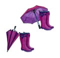 Set of dark pink boots with a different umbrellas.