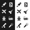 Set Dart arrow, Toy plane, Pencil with eraser, Tetris electronic game, Robot toy, train, Microphone and Baseball bat