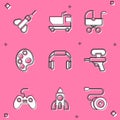Set Dart arrow, Toy truck, Baby stroller, Palette, Headphones, Water gun, Gamepad and Rocket ship toy icon. Vector