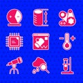 Set Data visualisation, Cloud with rain, Test tube flask stand, Thermometer, Telescope, Processor CPU, Timing belt kit Royalty Free Stock Photo