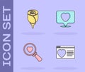 Set Dating app online, Flower rose, Search heart and love and Like icon. Vector