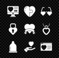 Set Dating app online, Heart, shaped love glasses, Condom, hand, Castle the of heart and icon. Vector Royalty Free Stock Photo