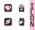 Set Dating app online mobile, Broken heart or divorce, Heart and Shopping bag with icon. Vector