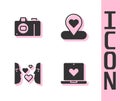 Set Dating app online, Photo camera, Love first sight and Location with heart icon. Vector Royalty Free Stock Photo