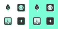Set DC voltage source, Leaf Eco symbol, Ampere meter, multimeter and Power button icon. Vector