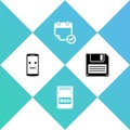 Set Dead mobile, SSD card, Calendar with check mark and Floppy disk icon. Vector Royalty Free Stock Photo