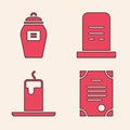 Set Death certificate, Funeral urn, Grave with tombstone and Burning candle icon. Vector