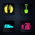 Set Death certificate in hand, Dead body, Hearse car and Shovel. Black square button. Vector